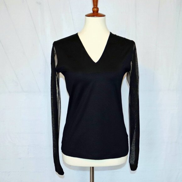 AKRIS 8 Sheer Black Mesh Organza Long Sleeve Illusion Stretch Blouse Top - Picture 2 of 14